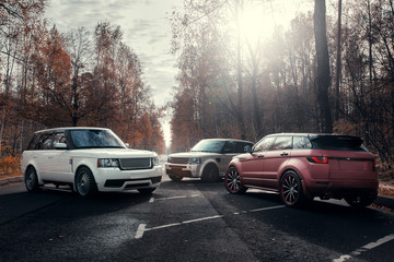 Fototapeta na wymiar Three cars parked at autumn forest asphalt road