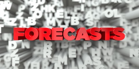 FORECASTS -  Red text on typography background - 3D rendered royalty free stock image. This image can be used for an online website banner ad or a print postcard.