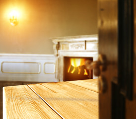 desk with free space and interior with fireplace 