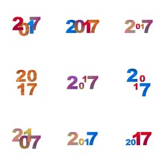 Set of different colored figures composed of small triangles. Kit numbers years 2017 of various colors, shapes and sizes of geometric elements on a white background