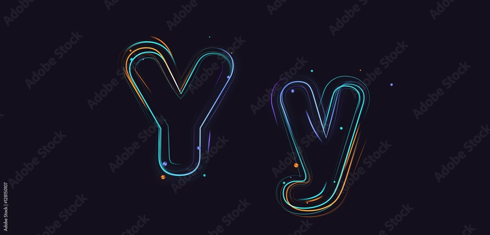 Fototapete 3d rendering colorful strokes and particles typeface illustration on dark background y