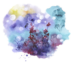 Flowers and spots, abstract image, watercolor