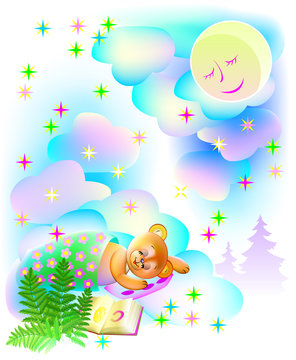 Illustration of teddy bear sleeping and dreaming at night, vector cartoon image.