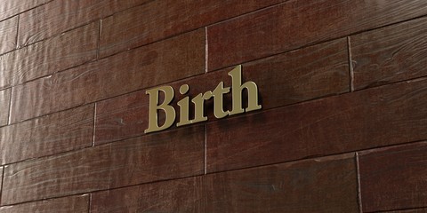 Birth - Bronze plaque mounted on maple wood wall  - 3D rendered royalty free stock picture. This image can be used for an online website banner ad or a print postcard.