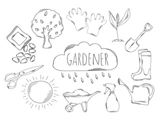 Large collection of line icons in hand drawn style for the profession of gardener. Vector - 128153526