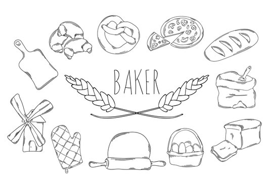 Large collection of line icons in hand drawn style for the profession of baker. Vector