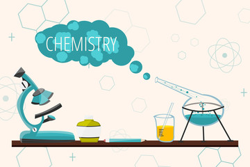 Colorful illustration with scientific instruments and equipment for research. Vector