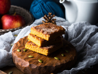 Christmas pumpkin spiced blondies on wooden board