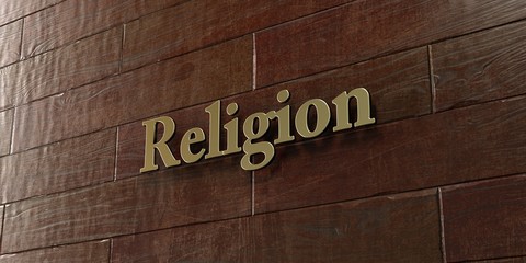 Religion - Bronze plaque mounted on maple wood wall  - 3D rendered royalty free stock picture. This image can be used for an online website banner ad or a print postcard.