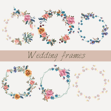 Set of wedding floral frames in watercolor style for design