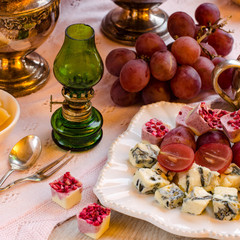 Cheeses, fruits and desserts. Beautiful set-up.
