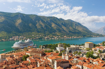 Naklejka na ściany i meble View of Kotor city and Boka Kotorska Bay on a sunny autumn day. Montenegro