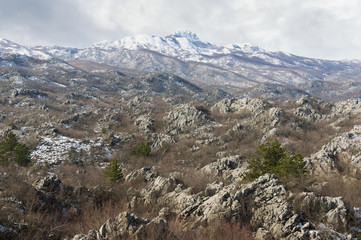 View of  Mount Lovсen in the winter. Montenegro