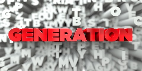 GENERATION -  Red text on typography background - 3D rendered royalty free stock image. This image can be used for an online website banner ad or a print postcard.