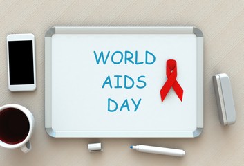 WORLD AIDS DAY, message on whiteboard, smart phone and coffee on table, 3D rendering
