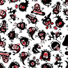 Funny monsters pattern for little boy. Halloween scary creatures vector background
