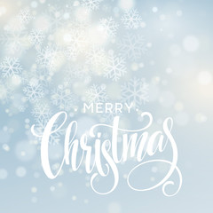 Christmas handwritten lettering text on blurred background with lights. Transparence effect. Vector illustration
