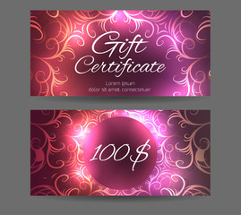 Template gift certificate for yoga studio, spa center, massage parlor, beauty salon. Abstract vintage pattern with sparkles