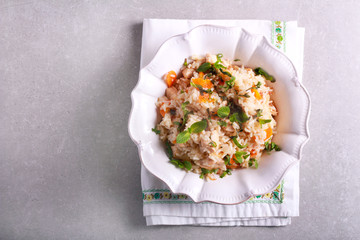 Coconut chicken breast with rice in a bowl