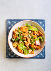 Panir, apple, nuts and herb salad on plate