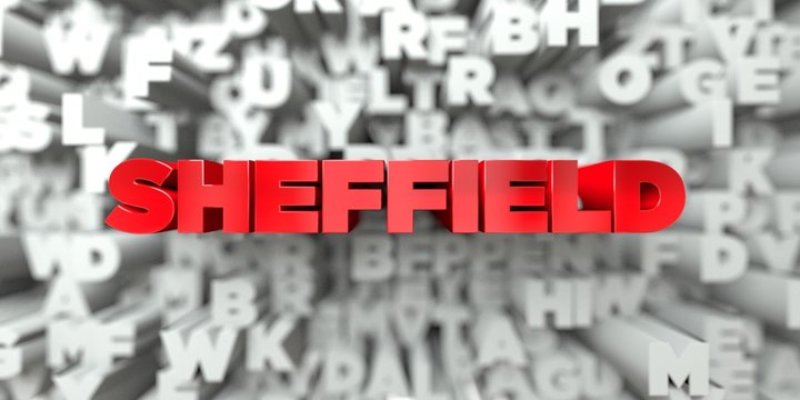 SHEFFIELD -  Red text on typography background - 3D rendered royalty free stock image. This image can be used for an online website banner ad or a print postcard.