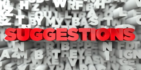 SUGGESTIONS -  Red text on typography background - 3D rendered royalty free stock image. This image can be used for an online website banner ad or a print postcard.