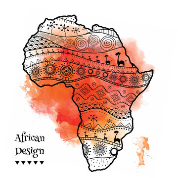 Textured vector map of Africa. Hand-drawn ethno pattern, tribal background. Vector illustration. Abstract Background with Watercolor Stains