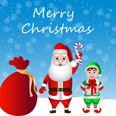 Merry Christmas vector illustration. Santa and his assistant elf. Santa Claus and gifts cartoon. Postcard for congratulations