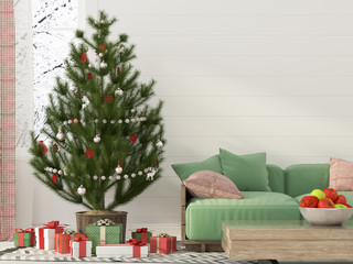 Christmas interior with a green sofa