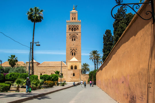 The Koutoubia Mosque or Kutubiyya Mosque at night, it is the lar