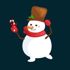 christmas white snowman in hat and scarf with candy for celebration new year vector illustration