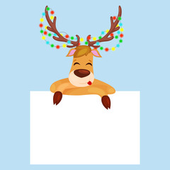 christmas set of deer with banner isolated, happy winter xmas holiday animal greeting card, santa helper reindeer vector illustration