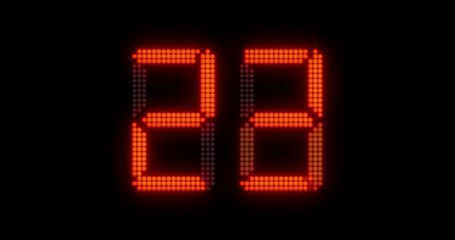 Sports shot clock countdown from 27 to 0. Glowing LED digits with afterglow. - Powered by Adobe