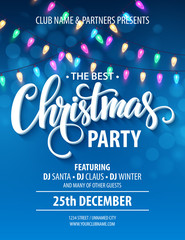 Christmas party invitation poster with hand lettering label merry christmas with shiny garland on blackboard. Vector illustration