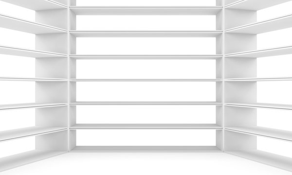 Empty shelves, blank bookcase library