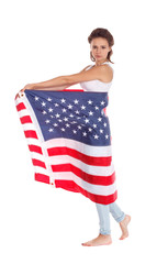 Flag of United States of America in hands of beautiful woman. Is