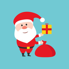 Happy Santa Claus character holds the Christmas gift. Flat style illustration.