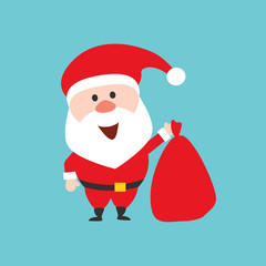 Happy Santa Claus character holds the Christmas bag with gifts. Flat style illustration.