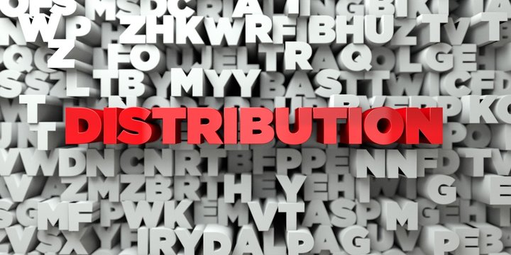 DISTRIBUTION -  Red text on typography background - 3D rendered royalty free stock image. This image can be used for an online website banner ad or a print postcard.