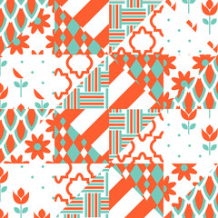 Obraz premium Red and green patchwork vector pattern. Triangle patch quilt background.