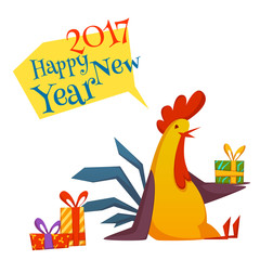 Happy new year 2017 rooster set. Vector illustration with rooster and gifts isolated on white background.