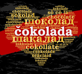 Naklejka na ściany i meble Chocolate. Word cloud in different languages, heart, grunge background. Food concept.