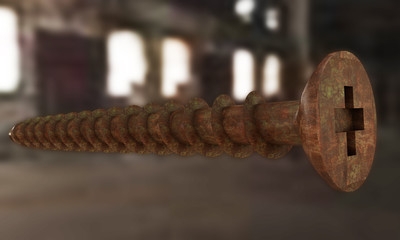 rusty screw on a background of an abandoned factory, old concept