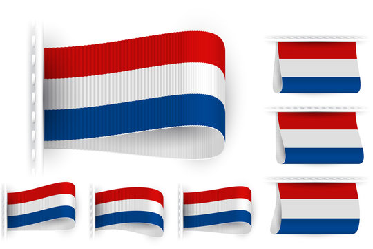 National state flag of Netherlands Holland; Sewn clothing label tag; Vector icon set Kingdom of the Netherlands flags Eps10