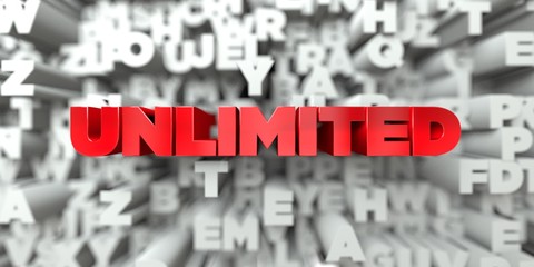 UNLIMITED -  Red text on typography background - 3D rendered royalty free stock image. This image can be used for an online website banner ad or a print postcard.