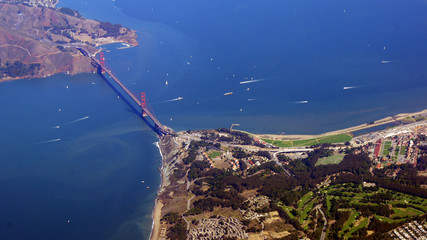SAN FRANCISCO, USA - OCTOBER 4th, 2014: an aerial view of golden gate bridge and downtown sf, taken...