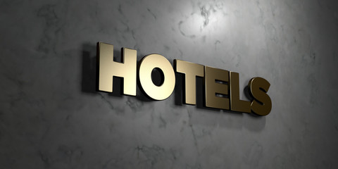 Hotels - Gold sign mounted on glossy marble wall  - 3D rendered royalty free stock illustration. This image can be used for an online website banner ad or a print postcard.
