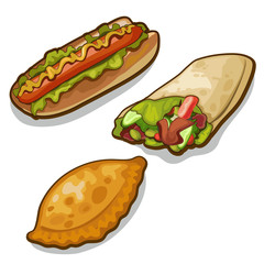 Three meals of fast food on white background