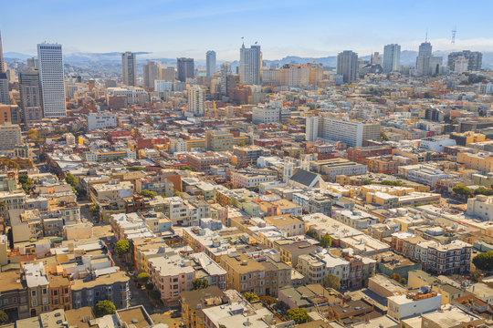 Aerial view of San Francisco downtown skyline from the top of Coit Tower, California, United States.