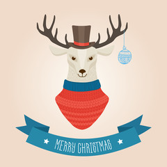 Christmas cute forest deer head logo. Vector modern fashionable hipster deer animal in clothes.